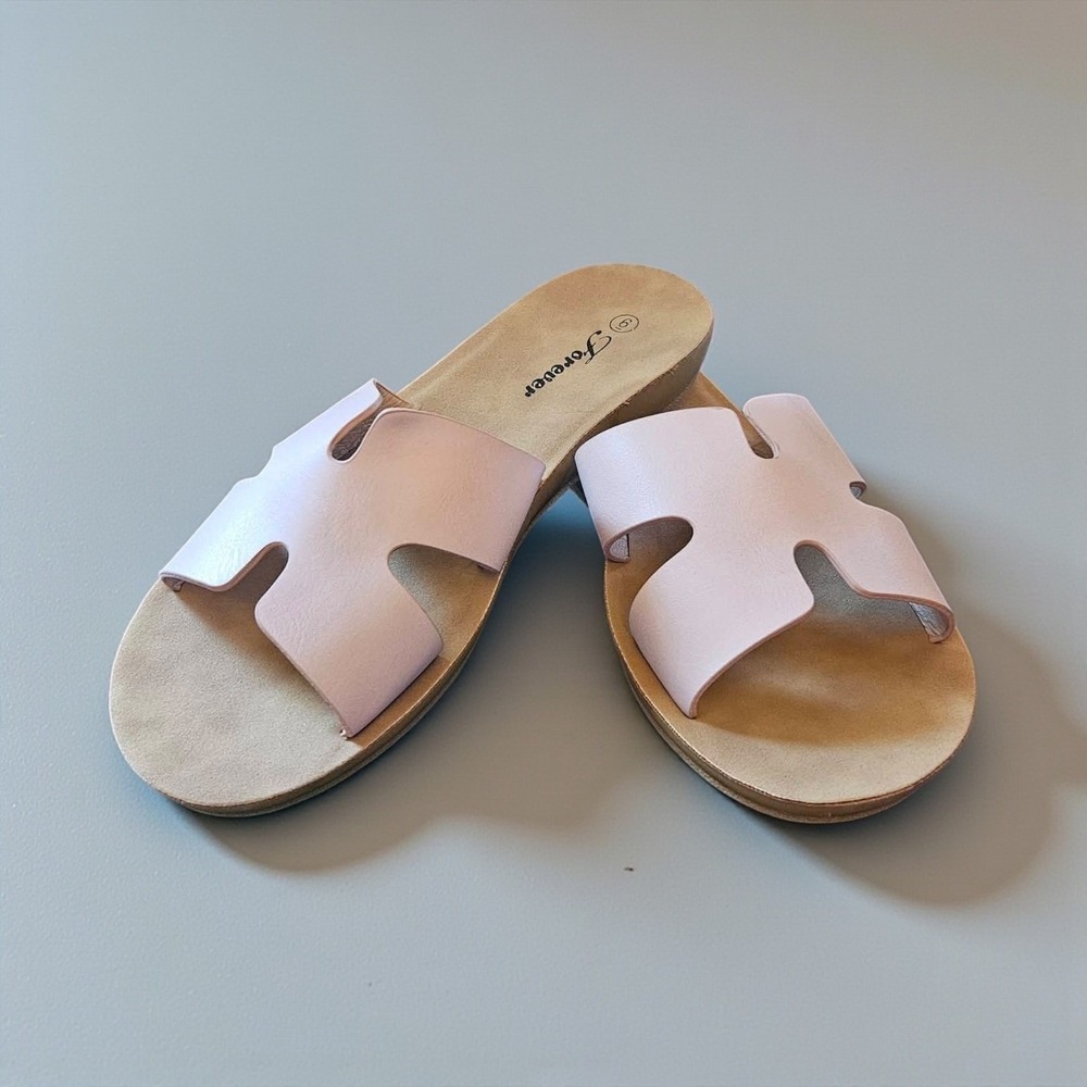 NEW Forever Womens Light Pink H-Cutout Slide Sandals Flat Slip On Shoes SZ 5
